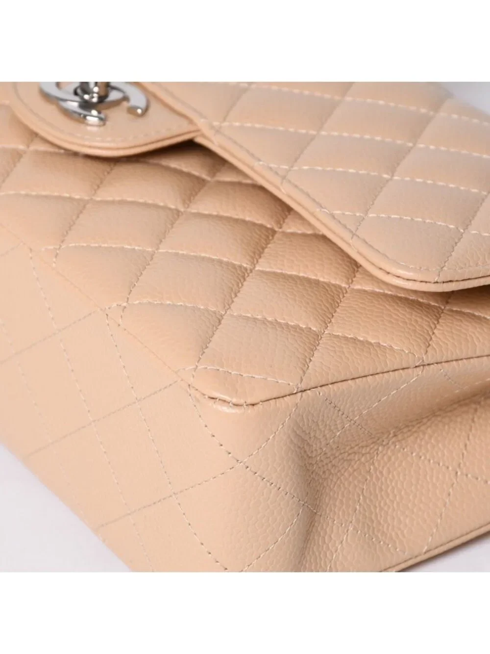 Chanel Quilted 25 Double Flap Chain Shoulder Bag Caviar Leather Beige Gold